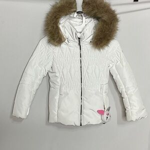 Poivre Blanc Ski Jacket Girls with Hood Faux Fur Trim Belted Quilted White EUC
